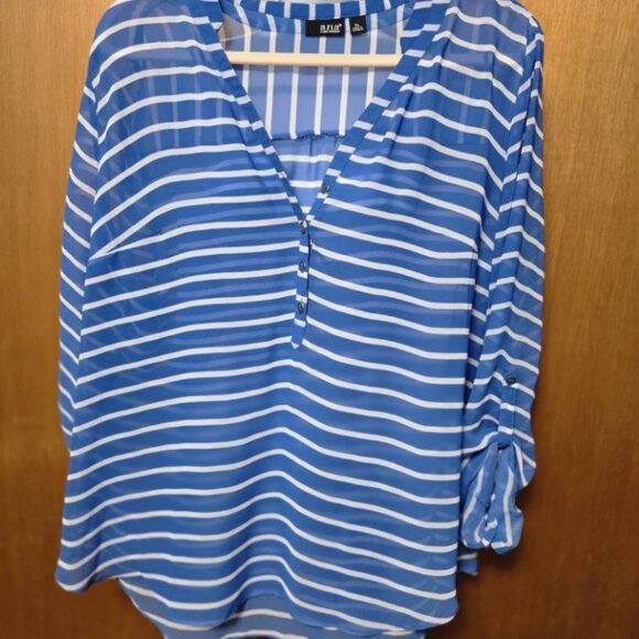 434. A.N.A NWT Blue White Striped Sheer Blouse XL - Picture 2 of 9